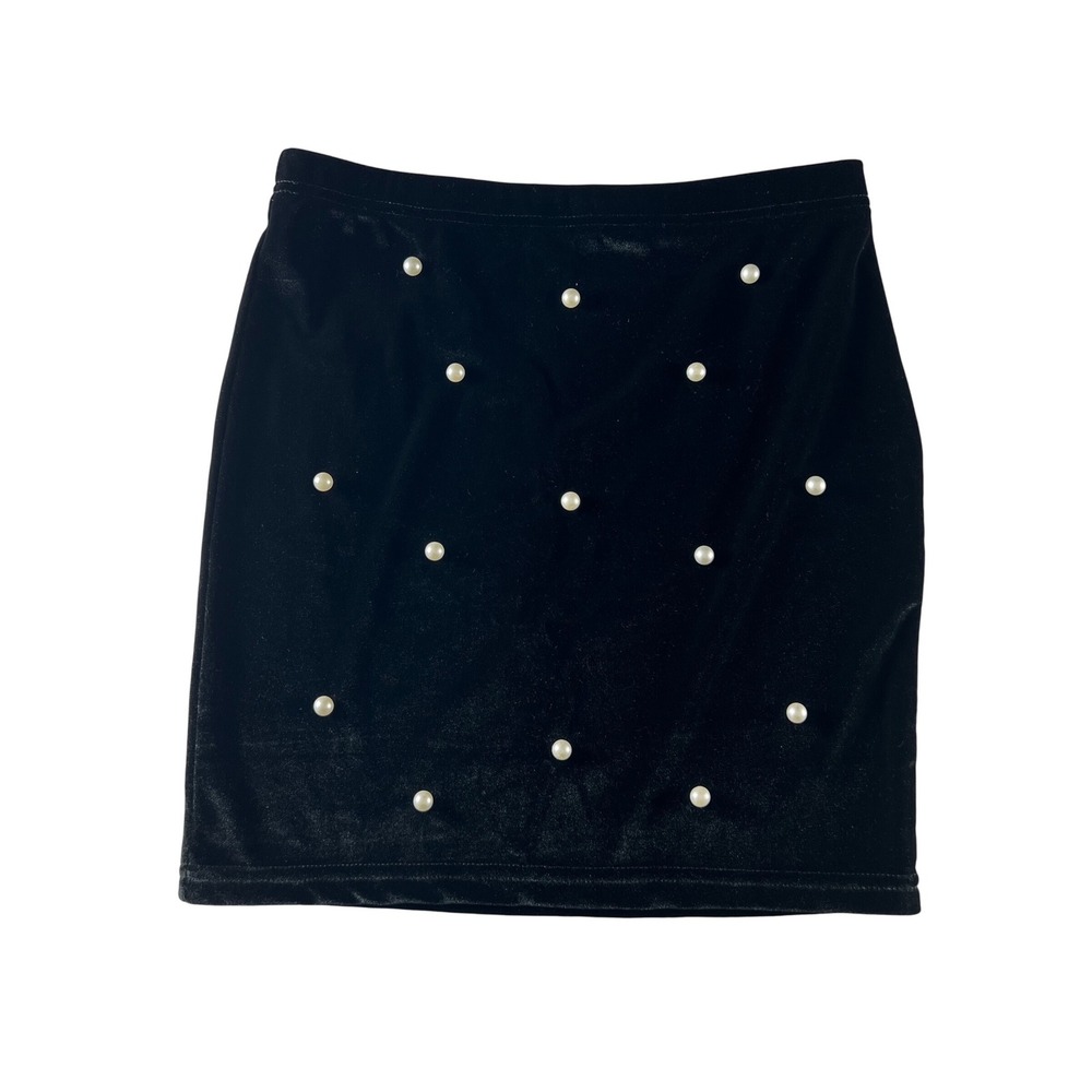 NWT SHEINBAE Black Velvet Mini Skirt with Pearl Embellishments Party Cocktail S